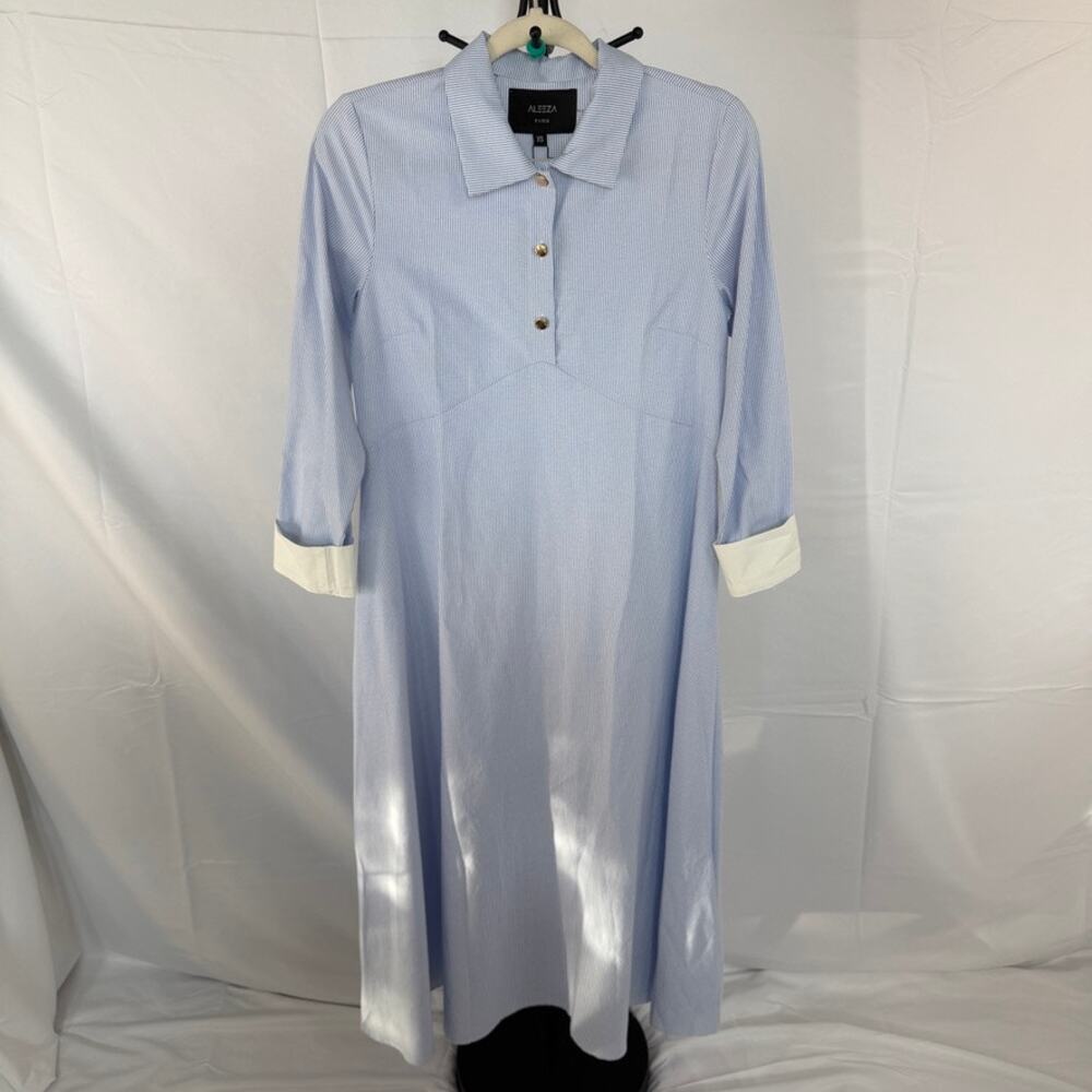 NWT Aleeza Paris A-Shaped Striped Light Blue/White Cuffs Maxi Dress Size XS
